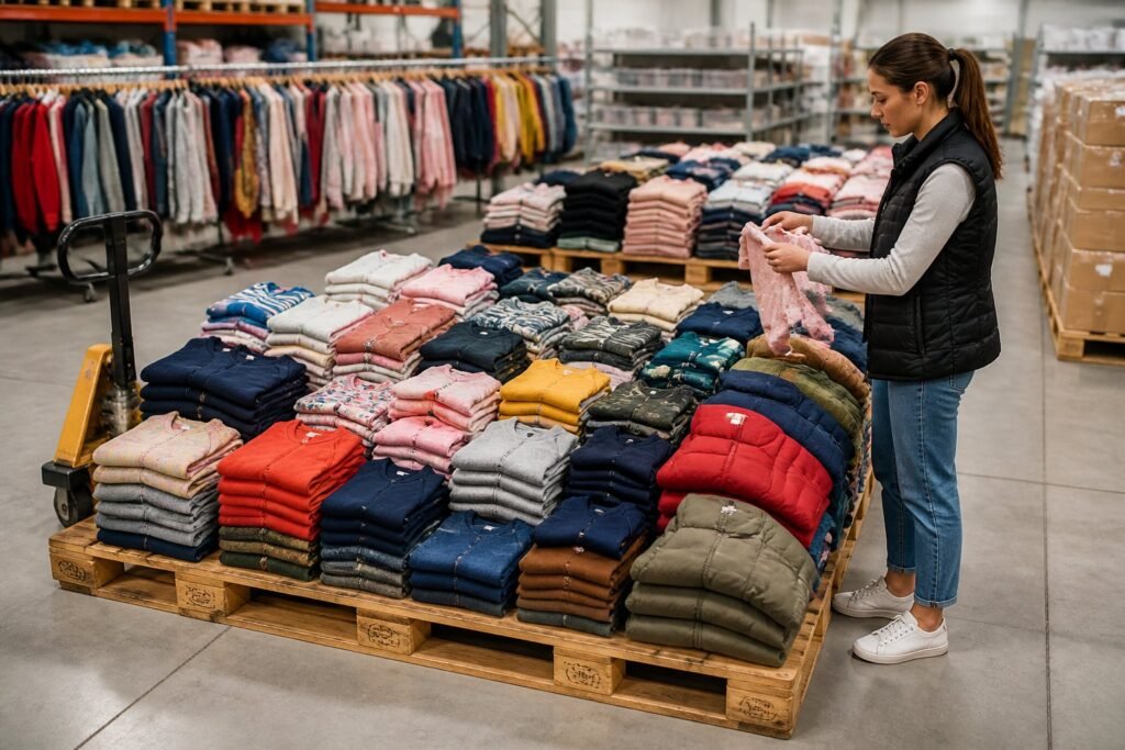 A retailer examines a pallet of neatly arranged children’s clothing in a bright warehouse.