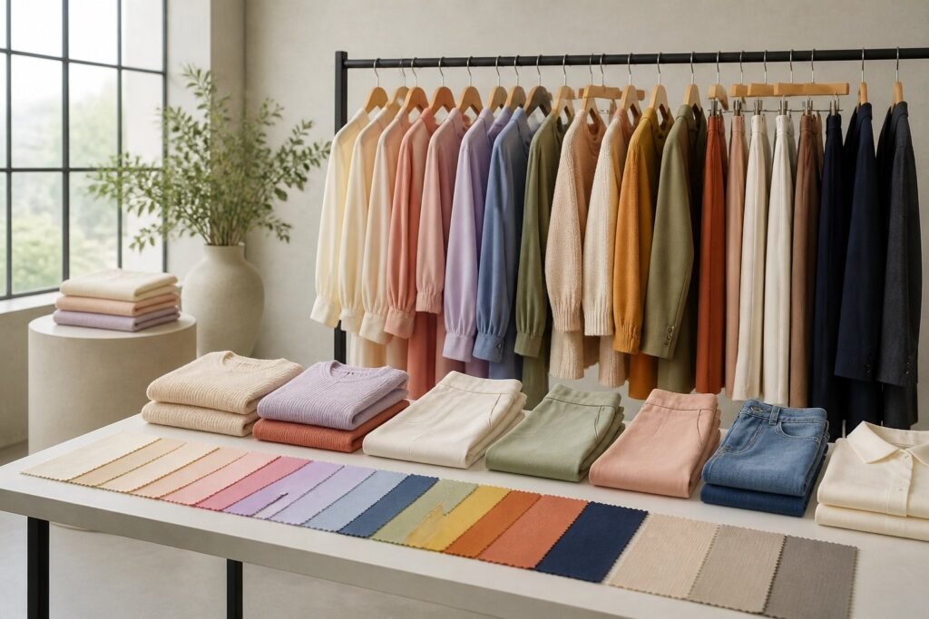 A coordinated selection of women's clothing arranged on a rack and table.